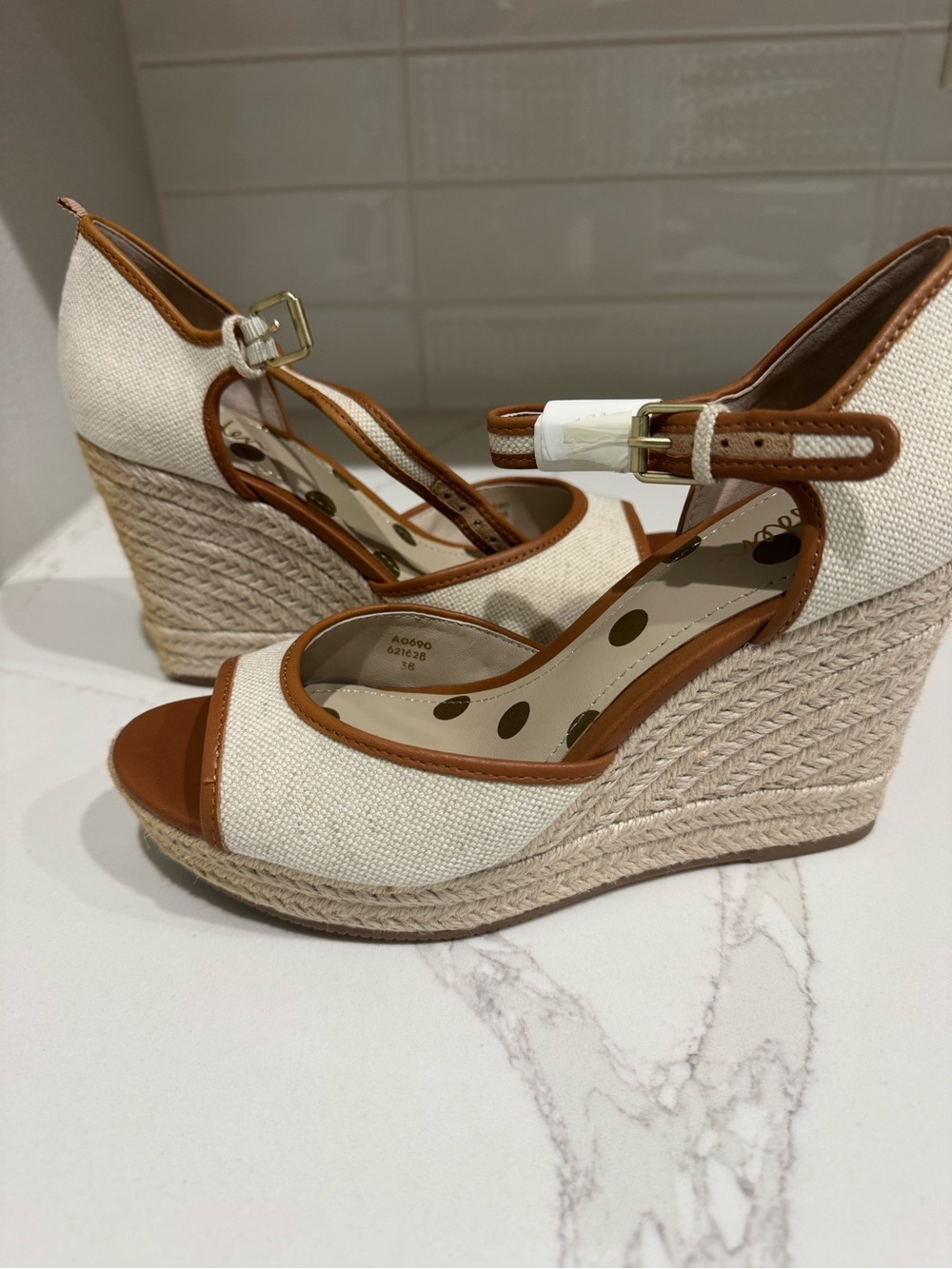 Boden Cream Canvas Espadrille Wedges with Tan Trim.  Brand new.